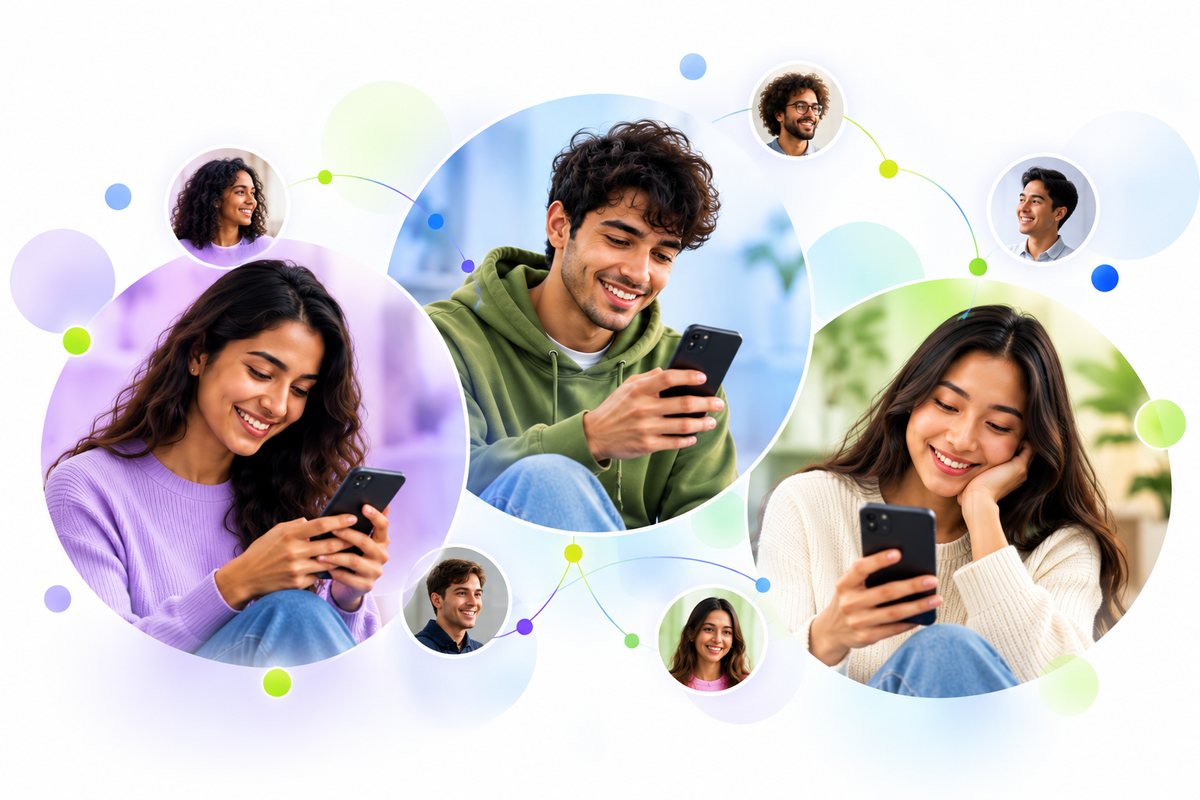 Different people each answering on their phones, linked together by the perspectives they share.