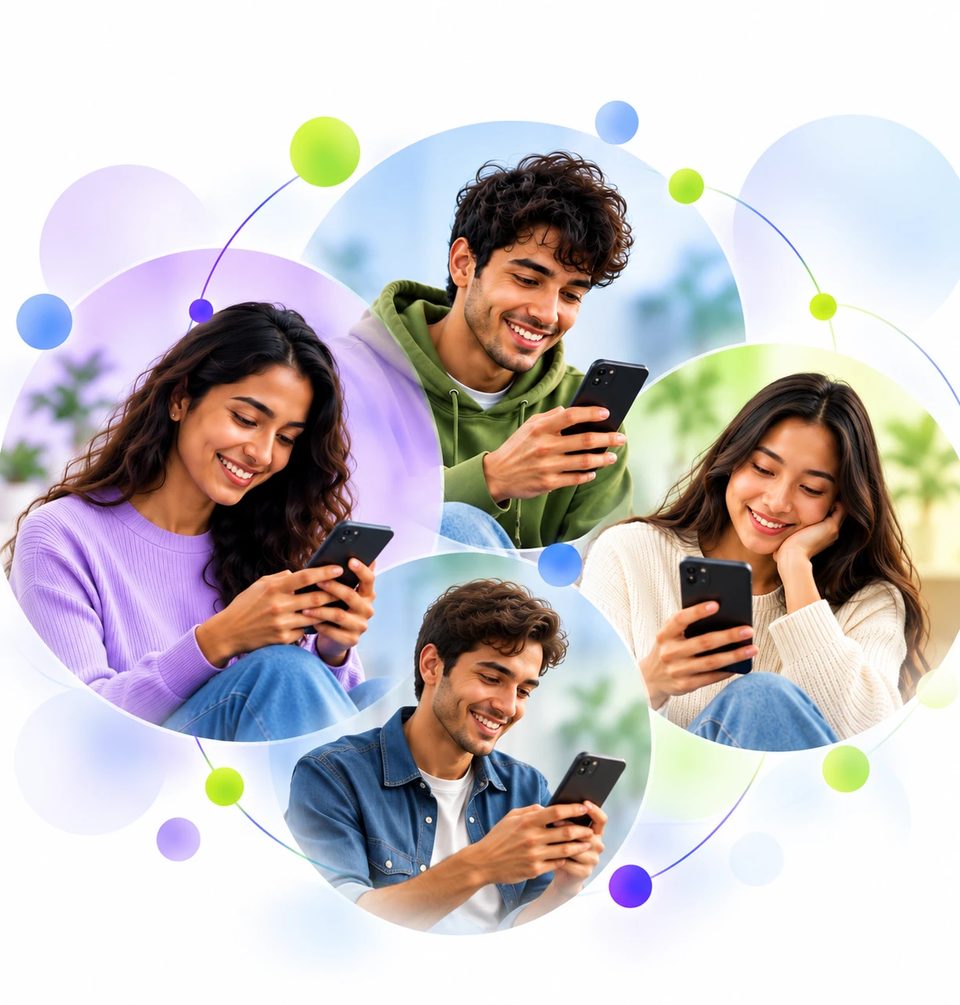 Four young adults, each in their own moment, smiling at their phones — shown in overlapping circles linked by soft lines.